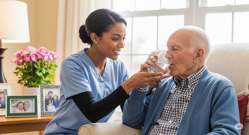 A caregiver and resident in a long-term care facility.