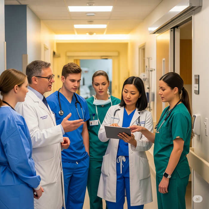 A team of diverse hospital healthcare professionals collaborating.