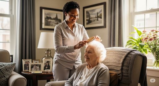 An elderly woman receiving care in her home.