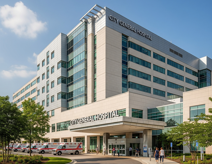 Illustration showing various hospital departments interconnected.